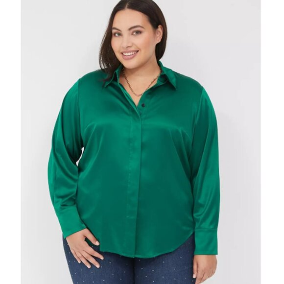 Lane Bryant Tops - LANE BRYANT NWT Women's Size 16 Green Long-Sleeve Button-Down Satin Shirt Shiny